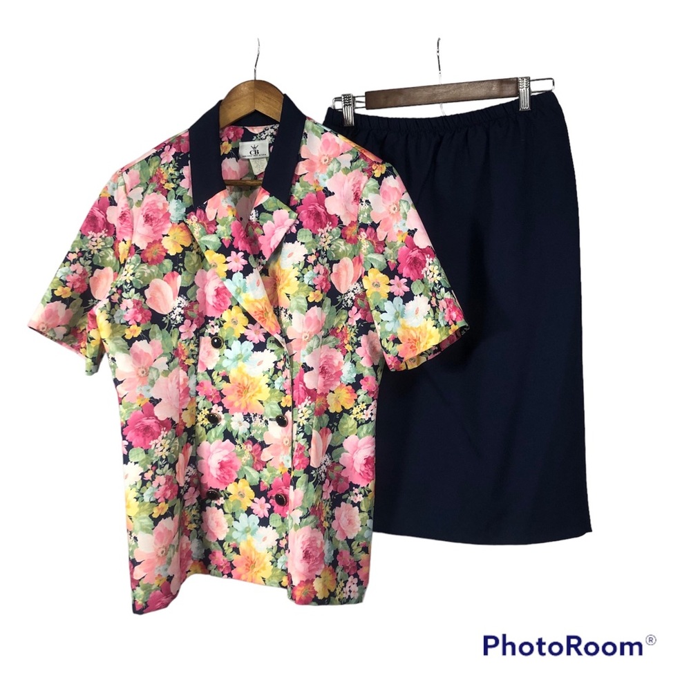 Vintage CB Two Piece Spring Floral Top and Navy Skirt Size 12, Made in USA